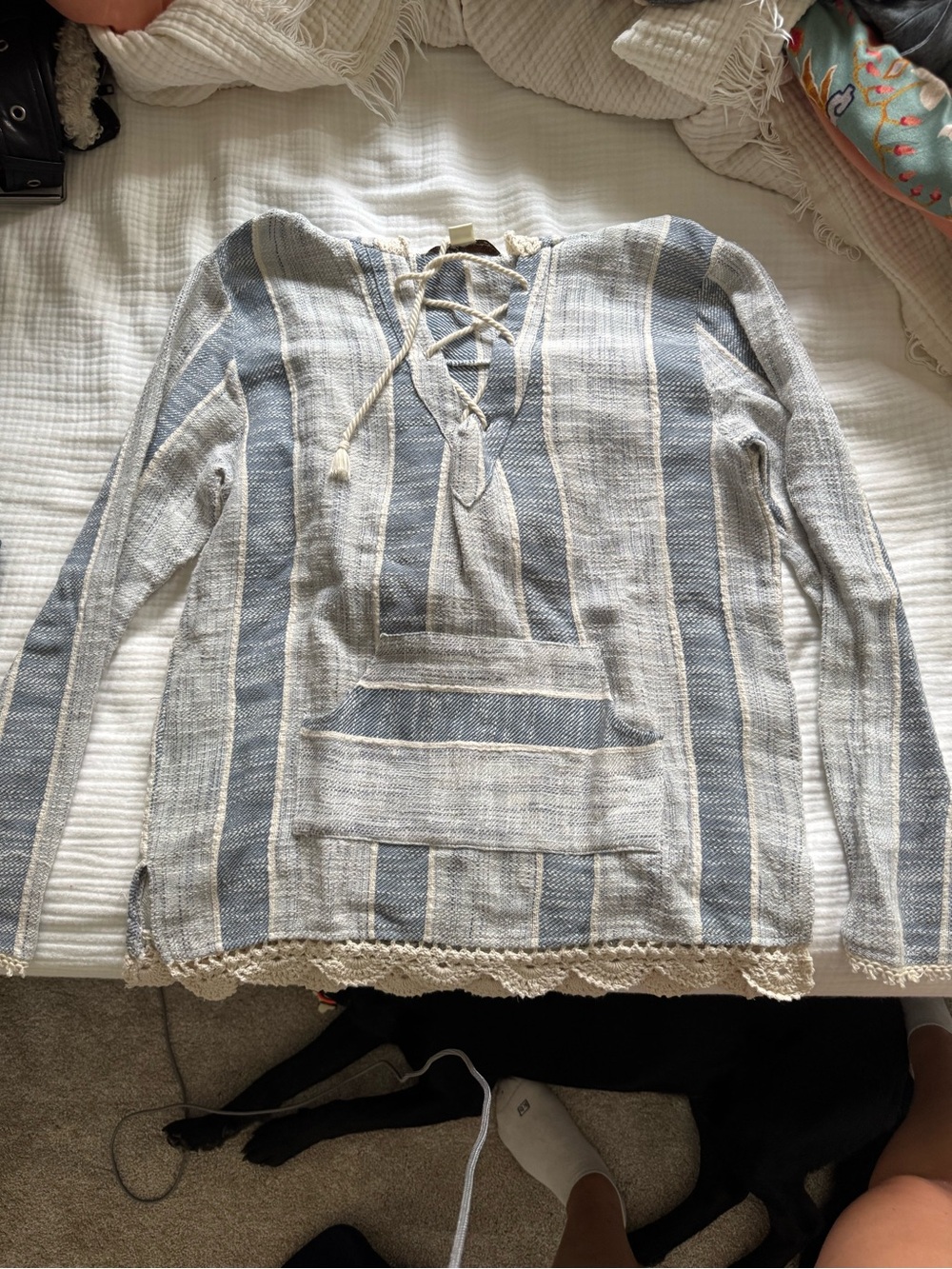 Women’s Blue and Cream Striped Lace-Up Sweater